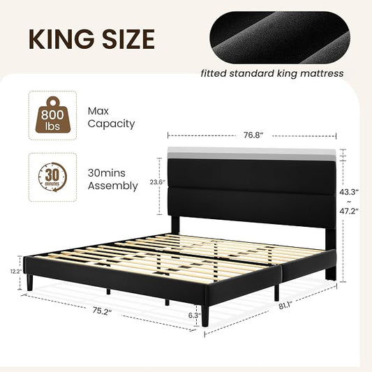 GRUSIGN King Size Platform Bed Frame with Velvet Headboard, Adjustable Height Wooden Slats Support, Upholstered Mattress Foundation, Fits Mattress or Mattress with Box Spring, Easy Assembly, Black