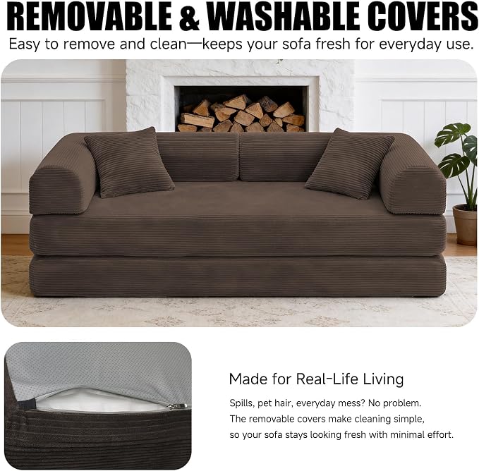 79'' Convertible Sofa Bed, Boneless Couch-in-a-Box, Corduroy Floor Futon Loveseat Sleeper, 26'' Deep Seat, Removable Machine-Wash Covers, No Assembly, 2 Pillows, Brown