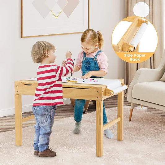 HONEY JOY Kids Table, 2 in 1 Toddler Wooden Activity Table with Paper Roll, Convertible Building Block Tabletop, 3 Storage Compartments, Children Furniture Set for Daycare, Playroom, Natural