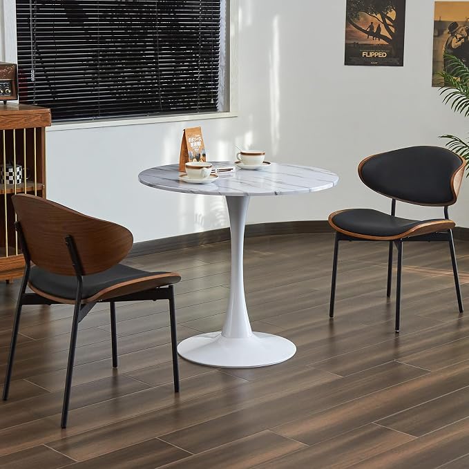 Round Dining Table, 31.5" Circle Tulip Table with Thickened Tabletop & Metal Pedestal, Mid Century Modern Bistro Table for Kitchen, Small Places, Living Room, Cafe (Faux Marble White)
