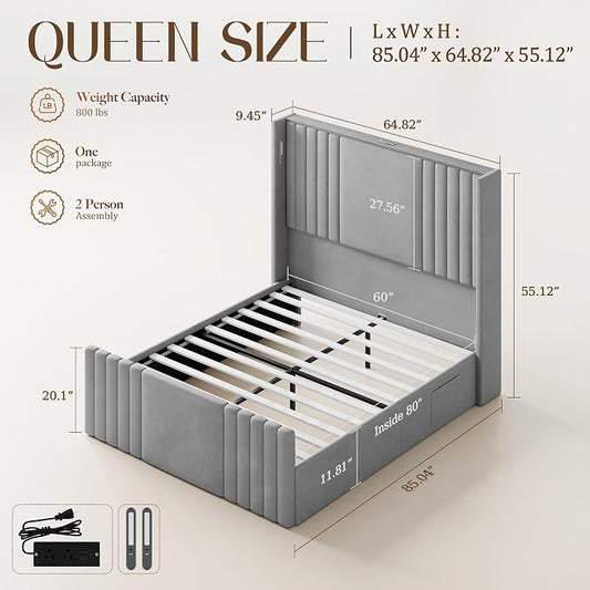 Queen Bed Frame with 55.1" Tall Headboard, Velvet Upholstered Platform Bed with Channel Tufted Wingback, 2 Reading Lights/Storage Shelf/Charging Station/Easy Assembly/Noise-Free, Grey