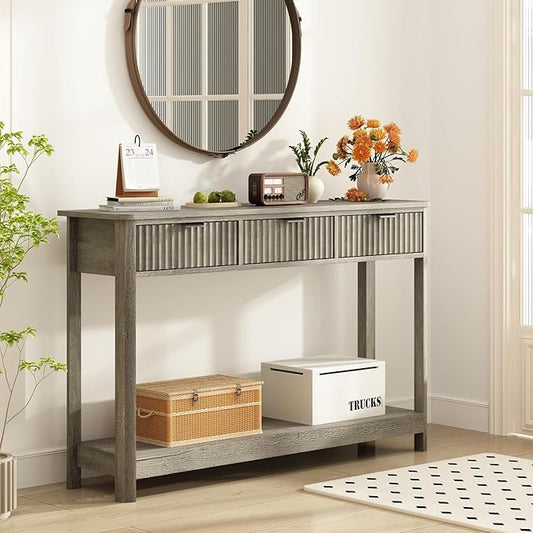 RUSTOWN Fluted Wood Console Table with 3 Drawers, 47.2" Modern Farmhouse Sofa Table & Entryway Table with Open Storage Shelf, Narrow Hallway Table for Living Room, Foyer and Hallway (Washed Oak)