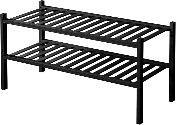 ROMGUAR CRAFT 2 Tier Bamboo Shoe Rack for Closet Free Standing Wood Shoe Shelf for Entryway Small Space Stackable 27"x11"x13" (Black)