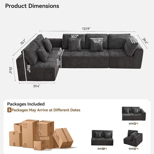 140''Modular Sectional Couches for Living Room, Cloud Boneless Compressed Sectional Sofa, Oversized L Shaped 5 Seater Upholstered Memory Foam Sofa, No Assembly, Chenille Grey
