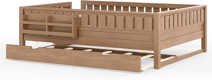 Bellemave Queen Kids Montessori Bed with Stairs, Bookshelf and Trundle, Solid Wood Kids Bed Frame with Storage for Boys Girls, Low Profile,Natural