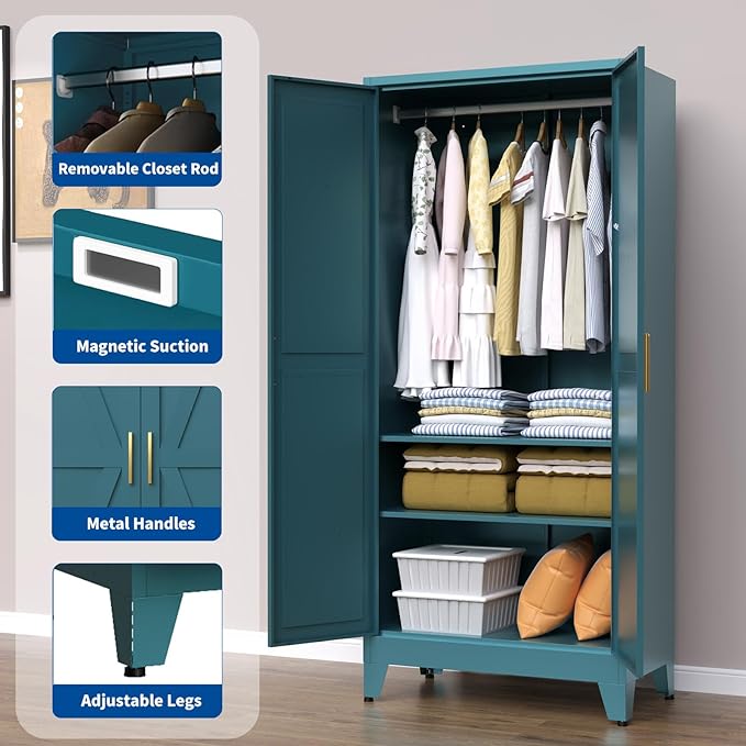 Steel Armoire Wardrobe Closet, 71" Metal Clothing Storage Cabinets with 2 Doors & 2 Adjustable Shelves, Blue Wardrobe Cabinet with Hanging Rod for Bedroom, Gym