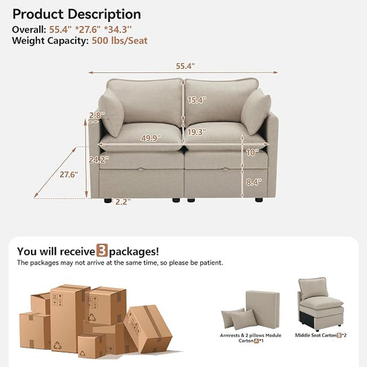 55" Beige Faux Leather Storage Loveseat Sofa, Upholstered 2 Seater Sofa | Modern Deep Seat Cloud Sofa Chair, Small Love Seat Comfy Modular Sectional Sofa for Living Room, Bedroom, Small spaces