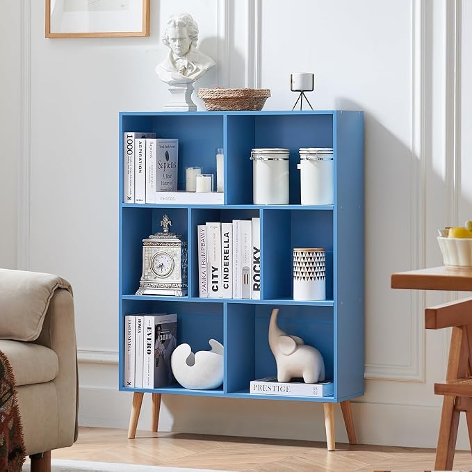 LEYAOYAO Cube Bookshelf 3 Tier Mid-Century Blue Modern Bookcase with Legs,Retro Wood Bookshelves Storage Organizer Shelf,Freestanding Open Book Shelves for Bedroom,Living Room,Office