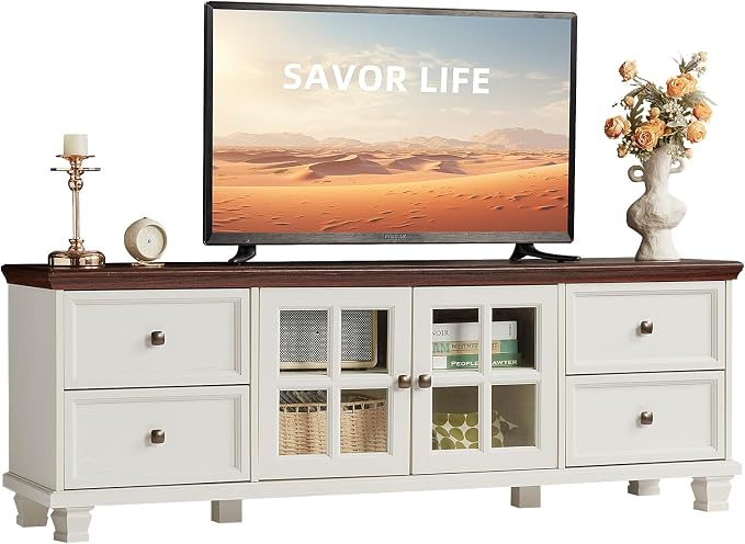 SAVOR LIFE TV Stands for Living Room, Farmhouse Entertainment Center, Rustic Wood TV Stand with Drawers for 75 Inch TV, White