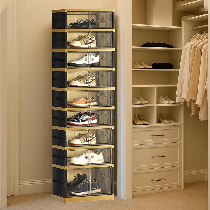 SYNCVIBE Shoe Rack Organizer for Closet Entryway Foldable Sneaker Storage Shoe, Collapsible Shoe Cabinet, Stackable Shoe Storage Cabinet with Lids for Living Room (9 Tiers -18 Pairs Black Gold)