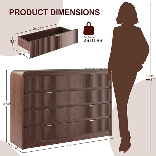 FURSUN Fluted 8 Drawers Dresser for Bedroom, 55" Wide Wooden Dresser with Metal Handle, Curved Profile Design, Modern Storage Organizer for Bedroom, Living Room, Hallway, Dark Walnut