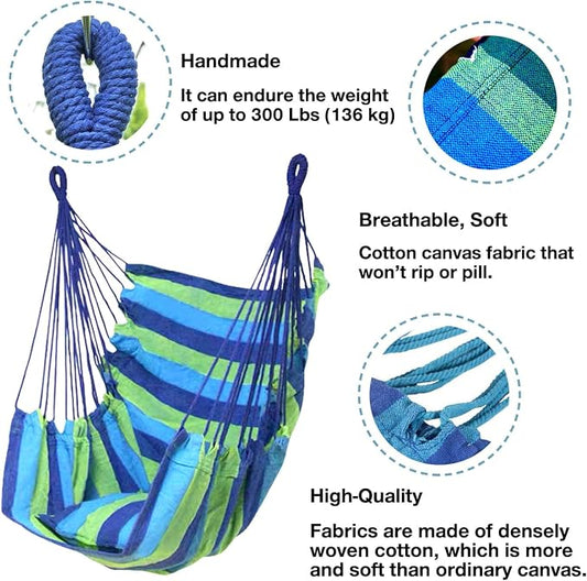 Hommtina Hammock Chair Hanging Rope Swing, Max 300 Lbs Hanging Chair with Pocket & Durability Perfect for Outdoor, Home, Bedroom, Patio, Yard (Pillows NOT Included,Green)