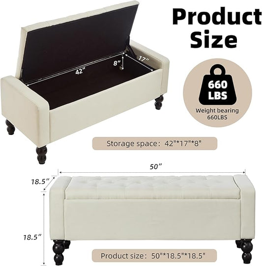 50" W Storage Ottoman Bench with Safety Hinge, Load up to 660 lb Ottoman with Storage, Upholstered Tufted Entryway Bench with Seating for Living Room, Bedroom, (Beige)