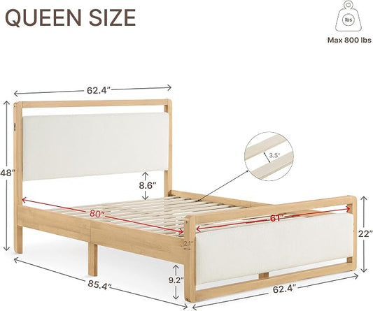 KISLOT Wood Bed Frame with Headboard and Footboard, Mattress Foundation with USB Charging Strong Wooden Slat Support Noise-Free Easy Assembly No Box Spring Needed