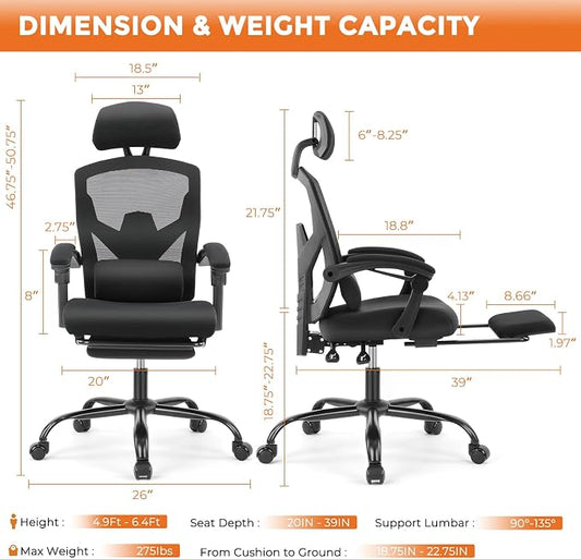 Sweetcrispy Office Computer Desk Chair, Ergonomic High-Back Mesh Rolling Work Swivel Chairs with Wheels, Comfortable Lumbar Support, Comfy Arms for Home, Bedroom, Study, Student, Black