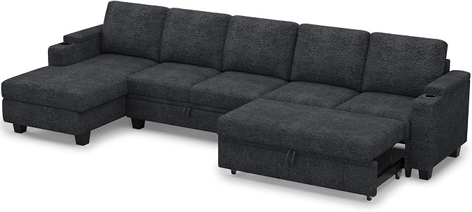 Belffin Modular Sectional Sleeper Sofa Bed with Storage Chaise L Shaped Sectional Couches for Living Room Armrest with Cup Holder. Dark Grey Couch