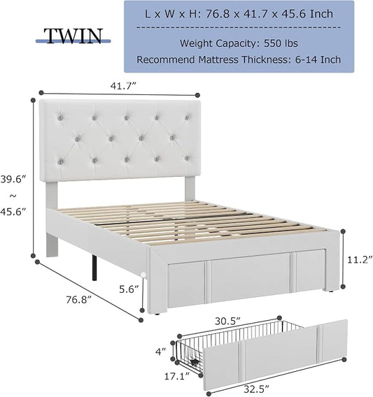VECELO Twin Size Bed Frame with Storage Drawers, Leather Upholstered with Diamond Tufted Headboard, Solid Wood Slat Support, No Box Spring Needed, PU & White