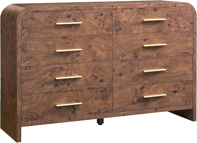 Curved 8 Drawer Dresser for Bedroom, 53.82'' Wide Chest of Drawers, Modern Storage Cabinet for Hallway & Living Room TV Stand, FSC Certified 1.18" Thick Board, 100 lbs Top Weight, Dark Burl