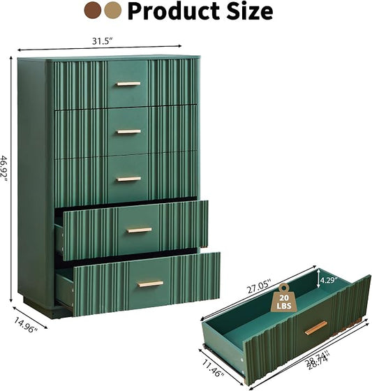 Fluted 5 Drawers Dresser for Bedroom, 47" Tall Modern Chest of Drawers with Metal Handle, Wooden Dresser TV Stand, Wood Closet Clothes Storage Organizer for Living Room, Hallway, Green