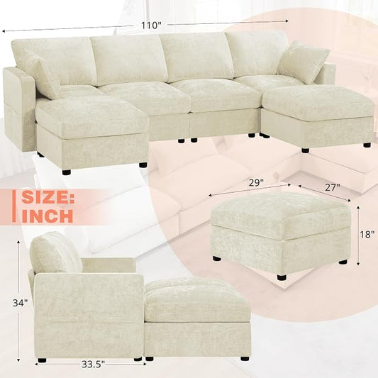110” Chenille 4-Seats Sofa W/Two Movable Ottomans, Beige | Modern Fabric U-Shaped Couch w/Soft Backrests, Upholstered Sectional Sofa w/Arm Pillows for Living Room, Office