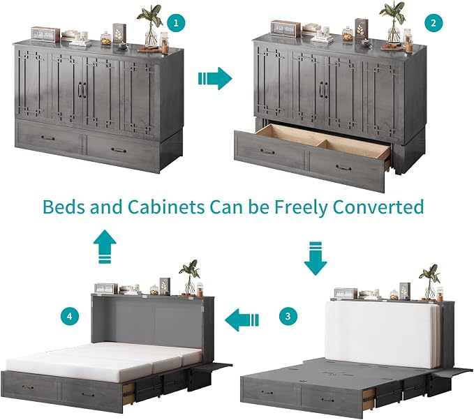 BALUS Queen Murphy Bed with Mattress Included, Cabinet Bed with Mattress & Built-in USB Ports & Storage Drawer, Space-Saving Murphy Beds Cabinet Guest Beds for Office/Apartment- Grey