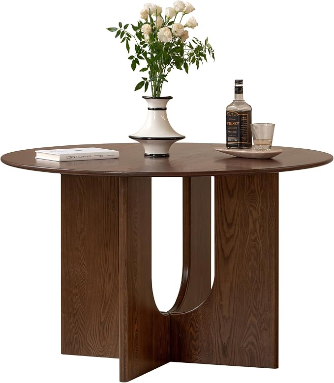 YESWOOD 43.3’’ Round Dining Table for 4-6, 100% Solid Wood Kitchen Table with U-Shaped Pedestal Base, Farmhouse Circle Modern Dinner Table for Dining Room, Living Room (Imported Ash Wood, Walnut)