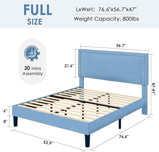 VECELO Full Size Platform Bed Frame with Height Adjustable Upholstered Headboard, Modern Mattress Foundation,Strong Wood Slat Support, No Box Spring Needed, Easy Assembly,Light Blue