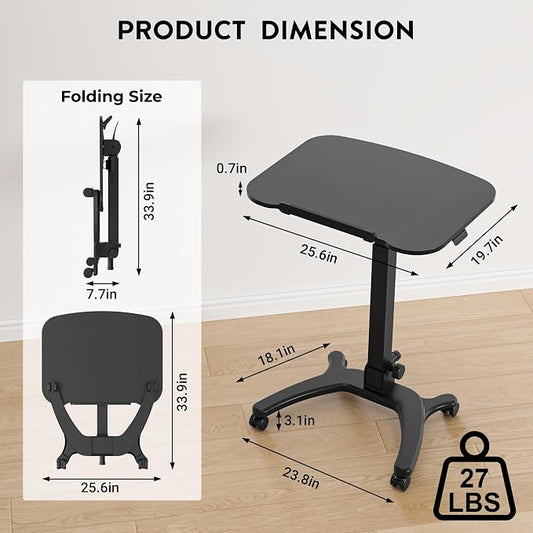 BONTEC Mobile Foldable Standing Desk, Portable Adjustable Height Desk with Gas Spring, Small Rolling Laptop Desk with Wheels for Home, Office, Bedroom, and Medical Use, 25.6" x 19.7" Desktop, Black