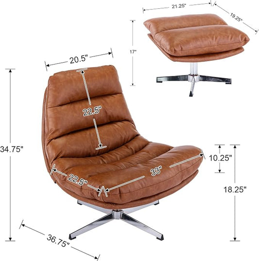 BESTANO Swivel Accent Chair with Ottoman, Mid Century Modern Faux Leather Lounge Chair with footrest, Comfy Oversized Armchair with 360 Degree Metal Base for Living Room Bedroom, Brown