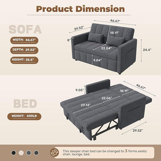 Nebuaegis Sleeper Sofa Bed,3-in-1 Convertible Pull Out Couch with Adjustable Backrest for Living Room,Loveseat Sofa Bed with Side Pockets,Easy Assembly,Light Gray,1 PCS