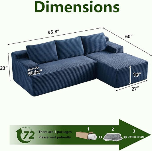 96" Modular Sectional Sofa, Modern Corduroy Cloud Couch with Side Pockets, Boneless Couch Upholstered 3-Seater L-Shaped Sofa for Living Room, No Assembly Required (Blue, Right-Facing Chaise)