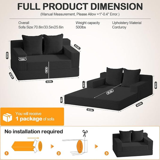 Erament Loveseat Boneless Convertible Sofa Bed, Folding Floor Futon Sleeper Sofa Couch Bed- Boneless Foldable Couch, Corduroy Pull Out Sofa Bed with 2 Pillows for Living Room & Bedroom