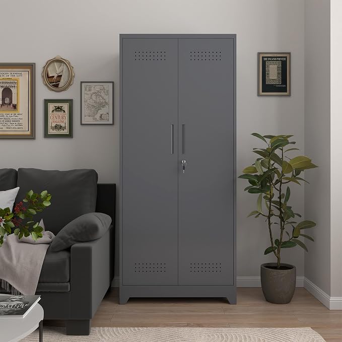 72.8" H Metal Garage Storage Cabinets, Metal Storage Cabinet with Hanging Rod & S-Hooks, Broom Closet Storage with Shelves, Functional Storage Cabinets for Garage, Warehouse, Grey