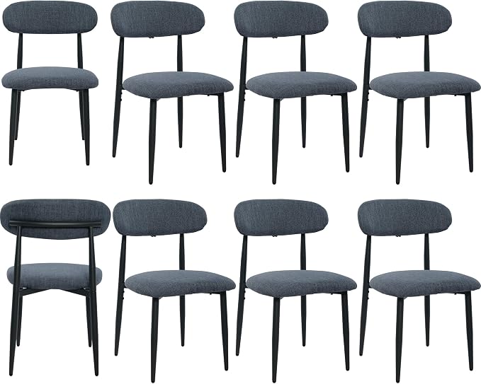 FREKEN Modern Upholstered Dining Chairs Set of 8, Mid-Century Metal Frame Linen Fabric Side Chair for Kitchen Dining Room, 350lbs Capacity, Grey