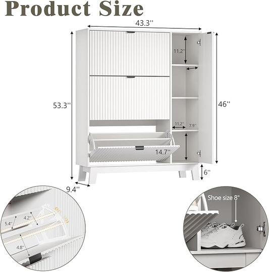 Shoe Cabinet Storage for Entryway with 3 Flip Drawers & Side Cabinet, Fluted Narrow Shoe Organizer with Wooden Leg, Freestanding Shoe Storage Hidden Shoe Rack Organizer for Front Door Entrance, White