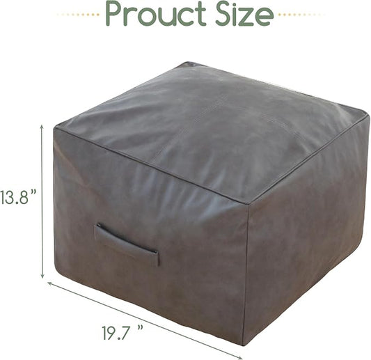HIGOGOGO Square Stuffed Pouf Ottoman, Pu Leather Poufs with Foam Chunk Filling, Furry and Fluffy Pouf Foot Stool Storage Ottoman,20 X 14 Inches Floor Poufs Foot Rest for Living Room, Grey