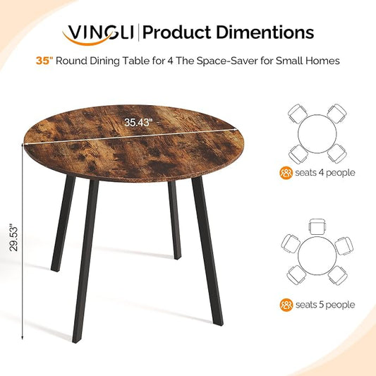 VINGLI Round Dining Table for 2-4, 35in Modern Dining Room Table with Metal Base, Brown Wooden Kitchen Table, Space-Saving, Small Space Circle Dinette for Home, Kitchen, Apartment