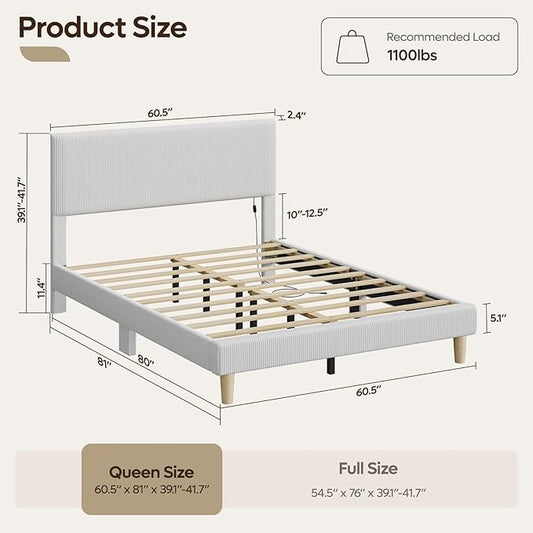Bestier Queen Bed Frame with Headboard LED Lighting,Upholstered,Light Grey | LED Light Headboard,Easy Assembly,No Squeaks,Vertical Channel Corduroy Upholstered,Wood Slats Support,No Box Spring Needed