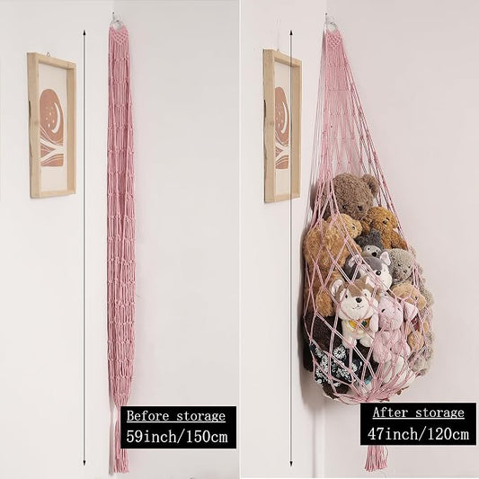Amdermi Stuffed Animal Hammock Corner Hanging Net for Stuff Animal Storage Macrame Toy Display Plush Toy Holder-Perfect for Tiny Space Walls-Kid Bedroom Decor Nursery Playroom Organizer (Light Pink)