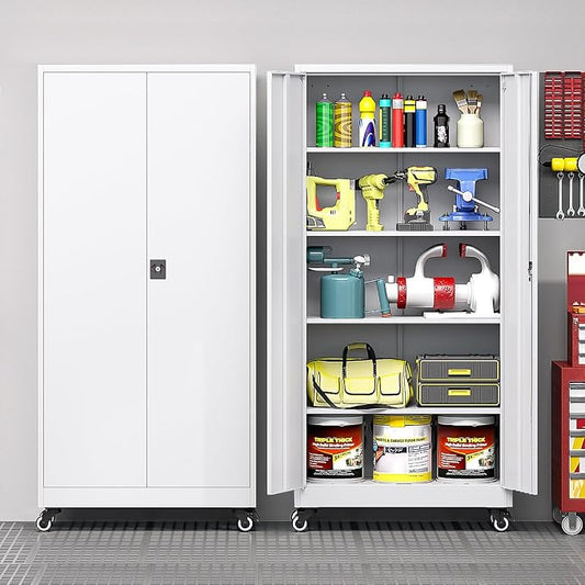 Metal Storage Cabinet with Wheels, Tall Garage Storage Cabinet with 4 Adjustable Shelves and 2 Doors, Lockable Tool Cabinet for Garage Home Office,Gym,School (White)