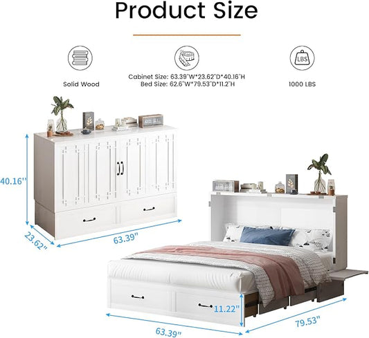 PUREMIND Queen Murphy Bed with Mattress Included, Murphy Cabinet Bed with Storage Drawer, Built-in Charging Station, Solid Wood Frame, Space-Saving Cabinet Beds for Small Spaces/Guest Room (White)
