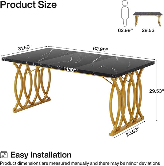 Tribesigns Modern Dining Table, 63" Large Kitchen Table for 4-6 People, Unique Rectangular Dinner Table Kitchen & Dining Room Furniture with Black Faux Marble Tabletop and Geometric Legs