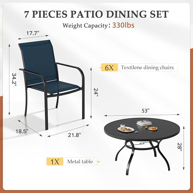SUNCROWN 7 - Piece Outdoor Dining Set, Patio Furniture Set with 6 x Textilene Dinning Chairs and 53" Metal Round Table with Umbrella Hole for Lawn Garden Backyard Deck, Blue