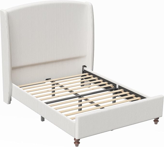 65.7" Tall Headboard Queen Size Upholstered Bed Frame with Wingback, Soft Washable Corduroy Beds Cover, Solid Wood Legs, Noise-Free, No Box Spring Needed, Cream