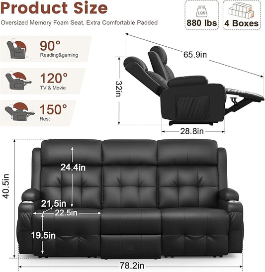 Loveseat Recliner, 3 Seater Massage Reclining Sofa Sets Heavy Weight Capacity, RV Loveseat Couch Clearance with Drop Down Table, Storage, Cup Holders, Wall Hugger Reclining Couch for Living Room