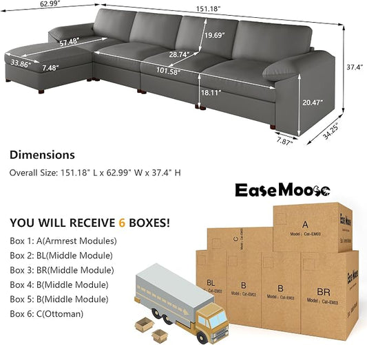 EASE MOOSE Oversized Modular Sectional Sofa,Leather Sectional Couch with Deep Seat,Extra Large L Shaped Couch,Modern Comfy Scratch Resistant Faux Leather Material Sofa,Grey