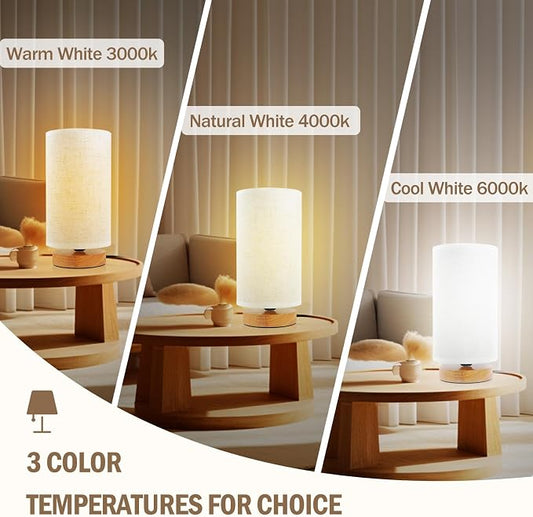 Minimalist Dimmable Nightstand Lamp with Round Fabric Linen Shade, 3 Color Temperatures, Desk & Bedside Lamp for Study, Living Room, Bedroom, Office, Dorm