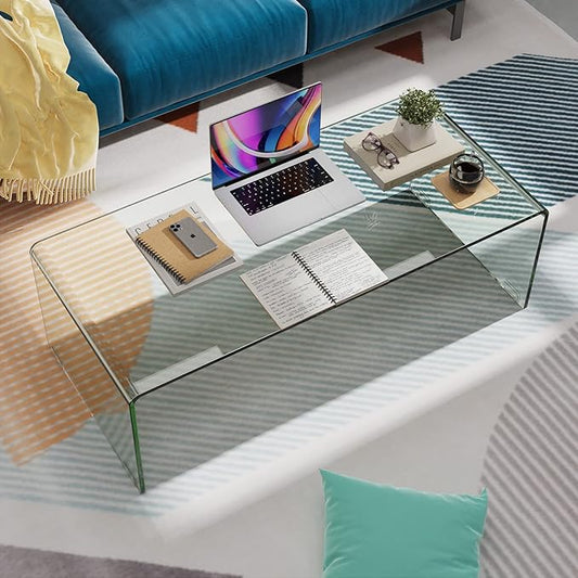 Tangkula Glass Coffee Table, 40"L × 19.5"W ×13.5" H, Modern Home Furniture, 0.5" Clear Tempered Glass End Table, International Occasion Tea Table, Waterfall Table with Rounded Edges (Clear)