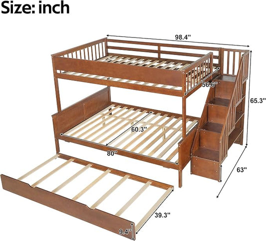 Modern Bunk Bed Full XL Over Queen Size with Storage Shelves and Staircase, Solid Wood Bunk Bed Frame with Trundle and LED Light for Kids Teens Adults (Walnut-3.9)