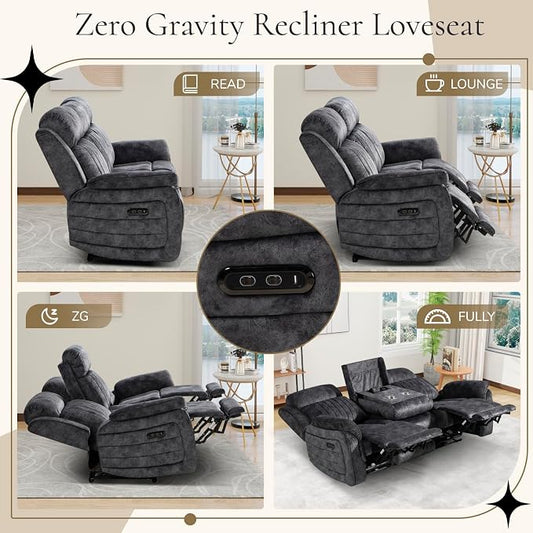 Power Reclining Sofa Set with Zero Gravity, Adjustable Headrest, Electric Reclining Sofa and Loveseat with USB/Type-C Ports, Reclining Living Room Set for Home Theater (Grey, Loveseat+Sofa)